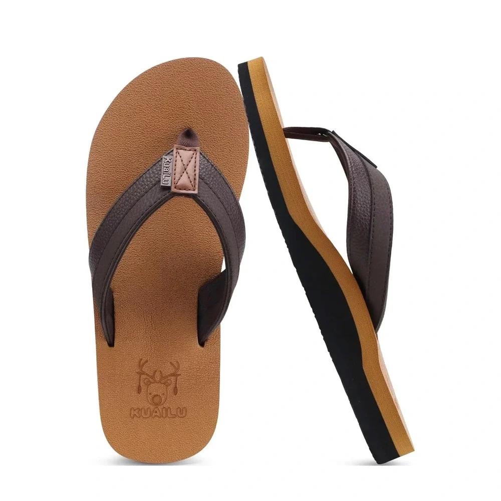 Kuailu Mens Flip Flops Brown Orthopedic Arch Support Yoga Foam Sandals NWOT